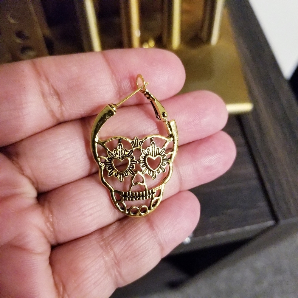 Gold Skull Hoop Earrings - Picture 4 of 4